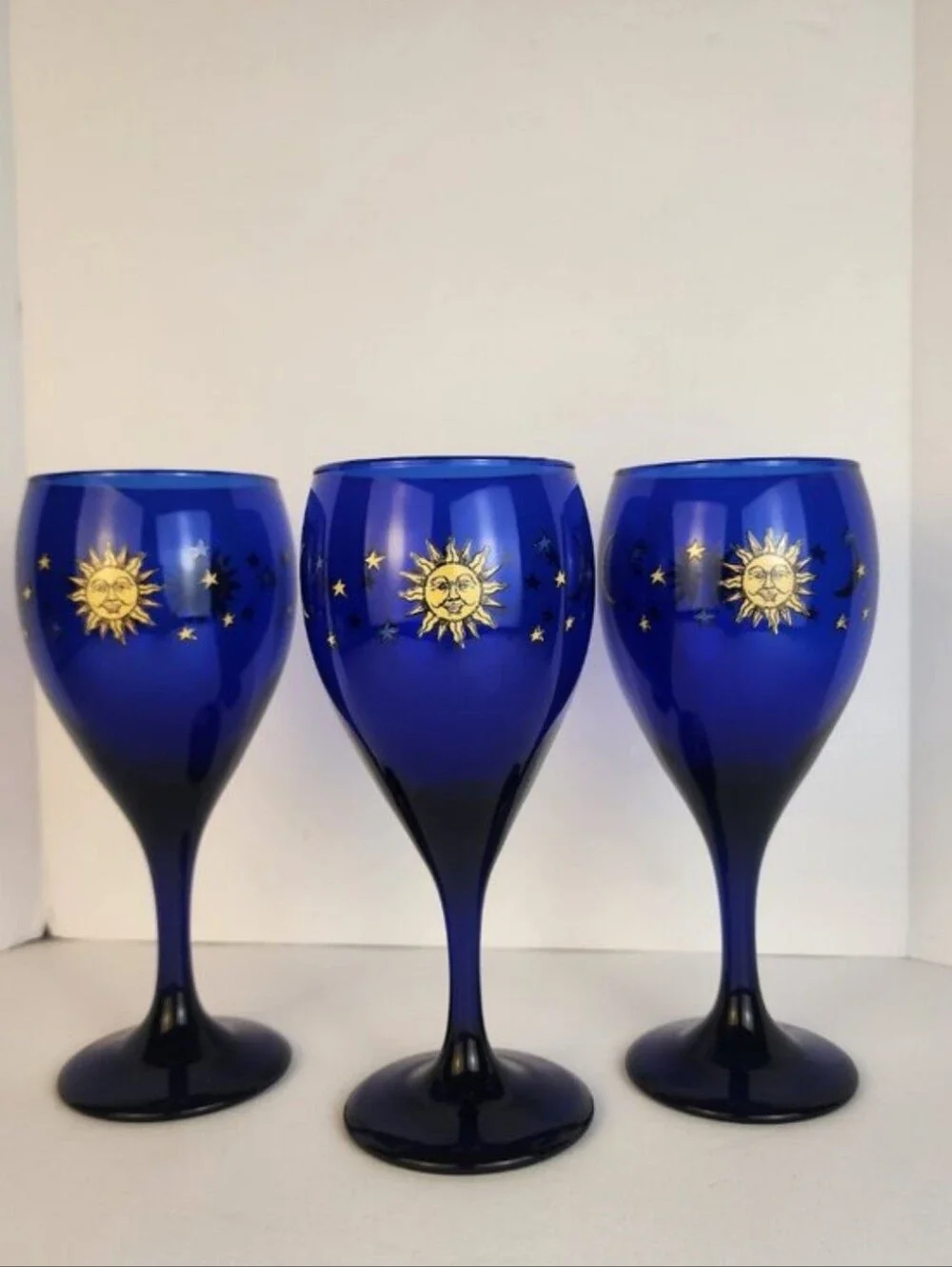 Libbey Cobalt Blue Wine Glasses with Gold Sun and Star Motif